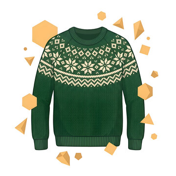 Green Knitted Winter Sweater with Nordic Snowflake Pattern