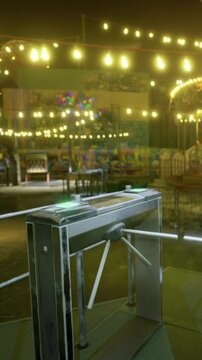 Bright lights twinkle over a bustling carnival scene, where people gather to enjoy rides and games. A turnstile stands ready, welcoming visitors to the festive atmosphere at night.