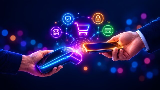 Contactless smartphone payment on a POS terminal surrounded by glowing neon icons. Concept of secure digital wallet transactions and modern retail checkout systems.