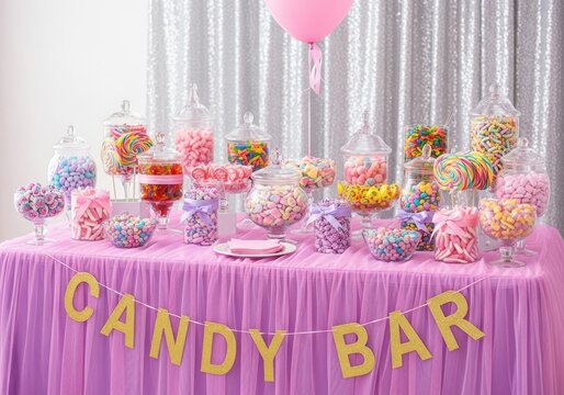 Candy bar table with glass jars and sweets