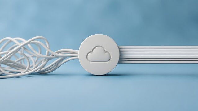 White circular disk with cloud icon connecting chaotic tangled wires to straight lines. Concept of data center networking and problem solving process.
