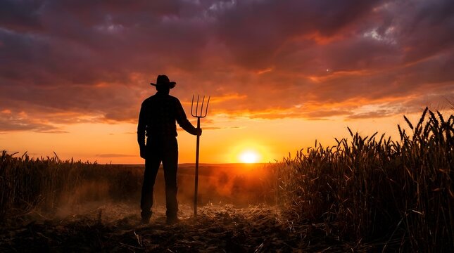 Silhouette of a Farmer Holding a Pitchfork in a Golden Wheat Field at Sunset