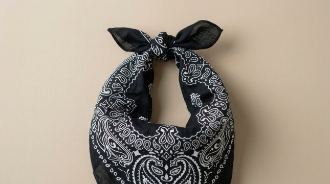 Black bandana with white paisley pattern. Classic folded neckerchief on a neutral background.