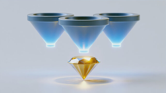 3D render of three blue funnels filtering and converting into a glowing gold diamond, representing sales marketing funnel and lead optimization