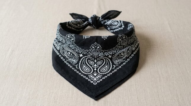 Black bandana with white paisley pattern. Folded neckerchief accessory for casual style.
