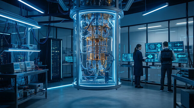 Quantum computer in futuristic laboratory, scientists working in high-tech research facility, advanced physics lab with glowing supercomputer