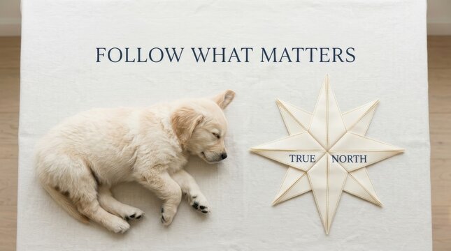 Cute golden retriever puppy sleeping peacefully next to a decorative nautical star compass with follow what matters text and true north emblem, symbolizing guidance, purpose, and peaceful living at