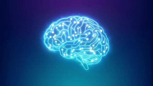 An animated illustration of a glowing neon brain, symbolizing intelligence and neural connections.