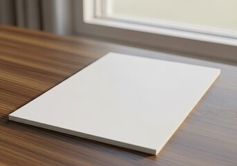 Fototapeta premium Blank White Book Cover Mockup on Wooden Table Near Window.