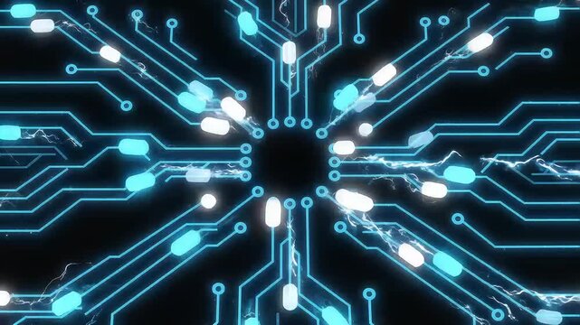 Abstract digital circuit board with glowing blue connections and central chip.
