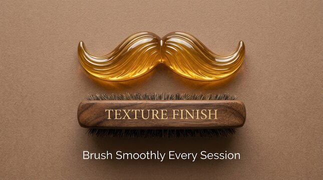 Golden mustache icon above a wooden beard brush for texture finish grooming marketing materials. Perfect for barber shops and men care brands showing high quality products and tools for modern