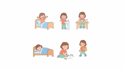 Little Girl Daily Routine Activities Cartoon Vector Illustration