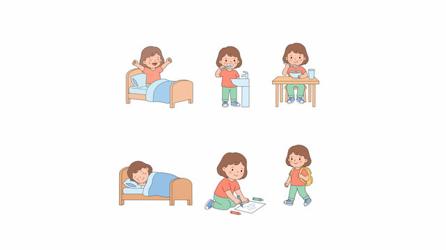Little Girl Daily Routine Activities Cartoon Vector Illustration