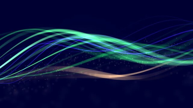 A dynamic, flowing light pattern rising from the lower left with elegant undulating waves that resemble graceful motion
