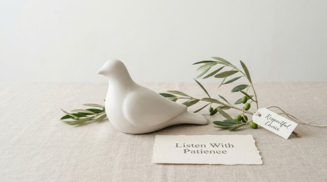 Elegant white ceramic bird figurine sits gracefully on a textured linen surface next to a fresh olive branch and inspirational quote cards promoting peace and mindful listening in serene atmospheres.