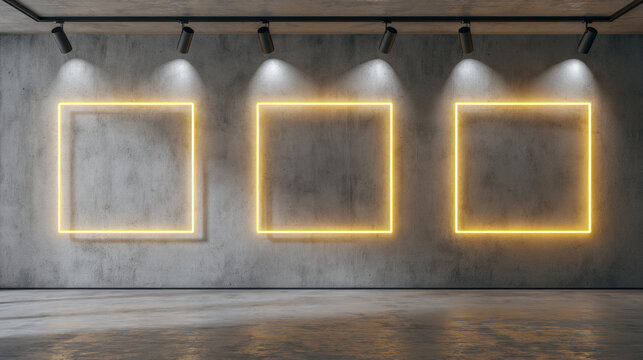 Modern gallery interior mockup with three glowing yellow neon square frames on a raw concrete wall lit by spotlights