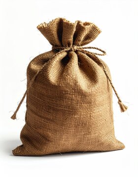 A simple drawstring burlap sack, empty and standing upright