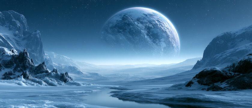 Sci-fi fantasy landscape of a frozen alien planet with a giant blue moon in the starry sky, cinematic digital art