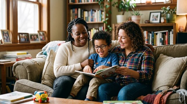 Diverse family reading a book together on the couch laughing and enjoying quality time indoors