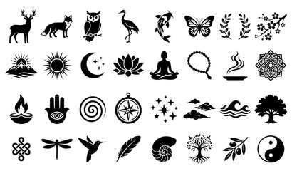 Fototapeta premium Elegant Symbolic Monochrome Icon Set with Animals Nature Meditation and Cultural Motifs Vector