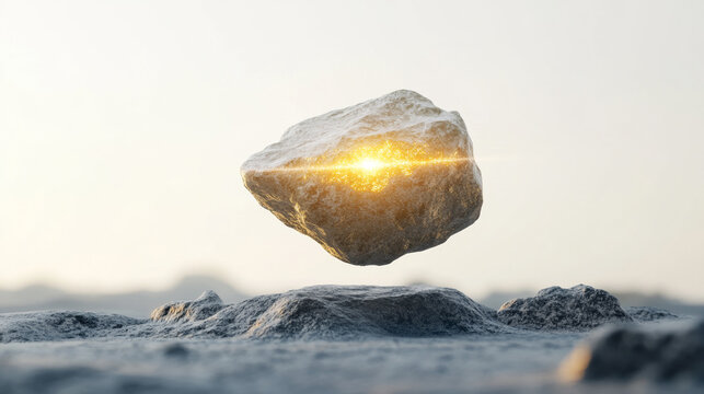Conceptual floating stone with magical golden light glowing from a crack, levitating rock hovering above rocky ground