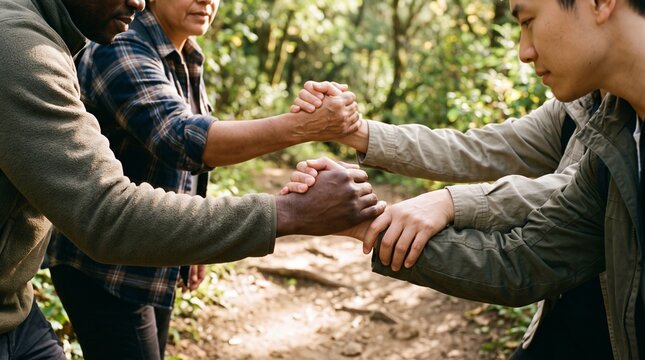 Diverse group of friends holding hands in a forest showing unity and teamwork during an outdoor adventure