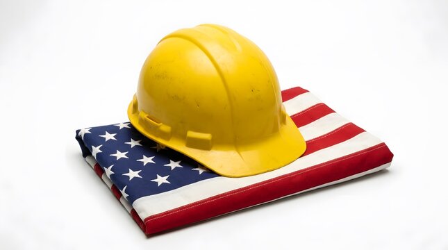 Yellow construction hard hat resting on folded American flag for Labor Day holiday concept