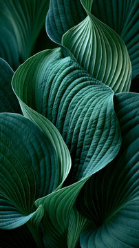 Stunning close-up of green hosta leaves with wavy textures and detailed parallel veins as an abstract natural background