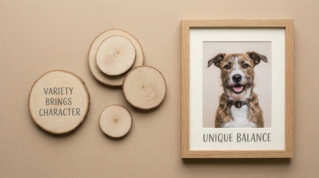 Beautiful minimalist rustic flat lay featuring a framed portrait of a happy mixed breed dog beside wooden slices with inspirational text variety brings character and unique balance for any home decor.