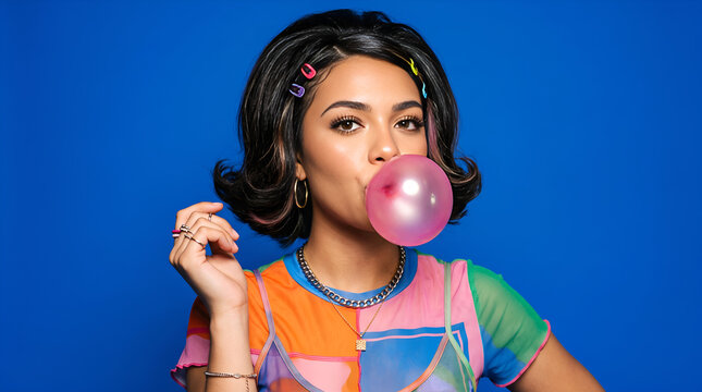 Girl blowing big pink bubble gum on a blue background