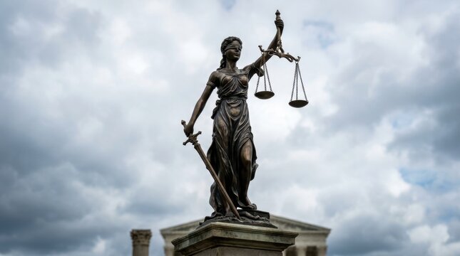 Bronze Lady Justice statue holding scales and sword stands before a courthouse under a cloudy sky. This symbol of legal fairness and impartiality represents the judicial system and law enforcement now