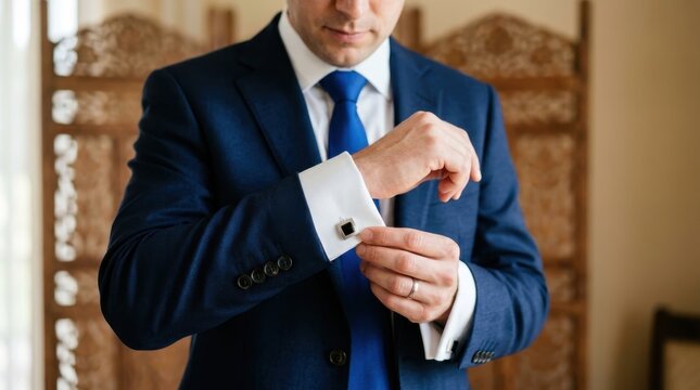 Elegant groom in blue suit adjusting silver cufflinks on white shirt before wedding ceremony indoors. Professional man preparing for business meeting showcasing luxury style and