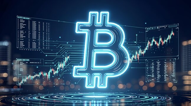 Glowing digital cryptocurrency symbol on financial chart screen background with rising stock market growth graph and futuristic technology data interface