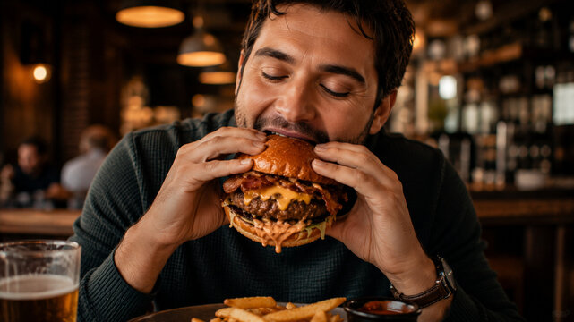 Man eating juicy cheeseburger with fries in cozy restaurant, enjoying delicious comfort food