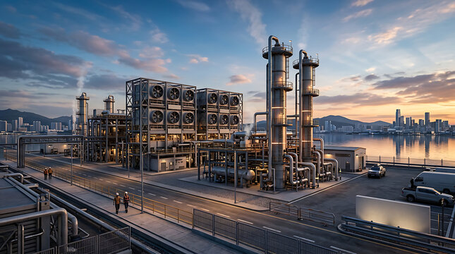 Industrial Direct Air Capture DAC Plant Facility for Carbon Capture, Modern Climate Technology Infrastructure with Fans and Distillation Towers at Sunset