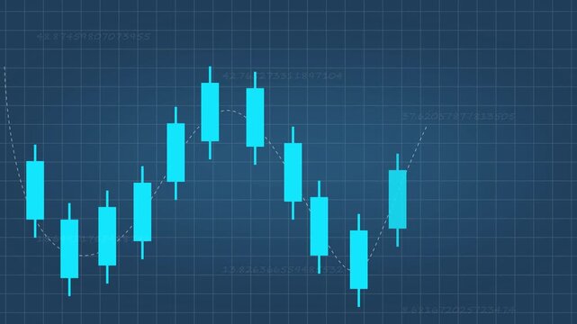 Financial stock market chart with blue candlesticks moving across dark grid background showing dynamic trading data growth and volatility in professional cinematic animation.