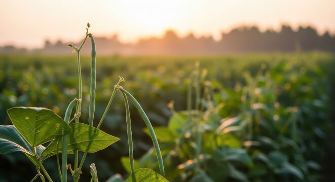 Long green bean plants grow in a vast plantation field under the warm morning sunrise