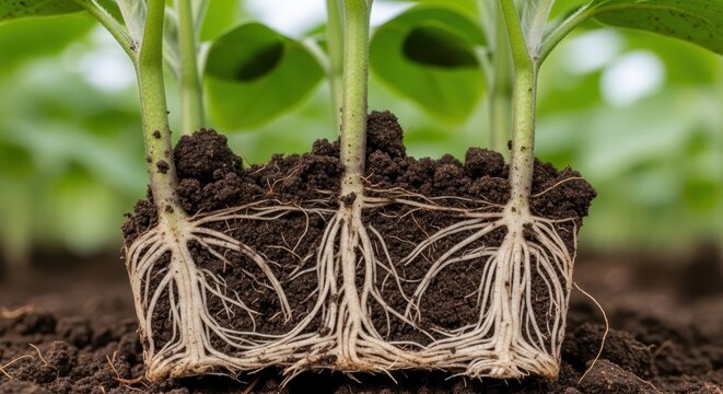 Intricate root systems anchoring young plants within rich dark soil, showcasing the vital beginnings of agricultural growth and natural development.