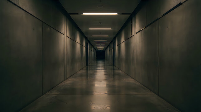 Long empty hallway with fluorescent lights in modern building