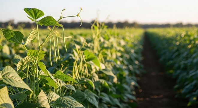 Rows of fresh green beans growing in a sunlit agricultural field during daytime