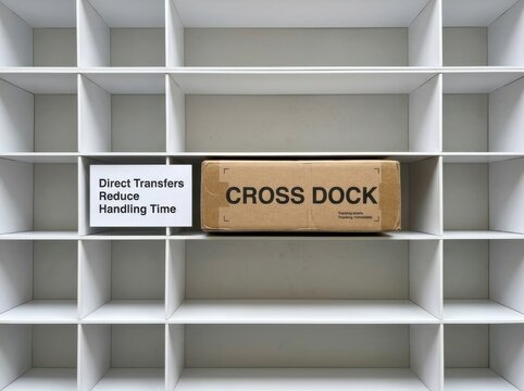 Logistics cardboard box labeled cross dock on white warehouse shelf showing efficient direct transfer systems for supply chain management and reduced handling time in industrial storage