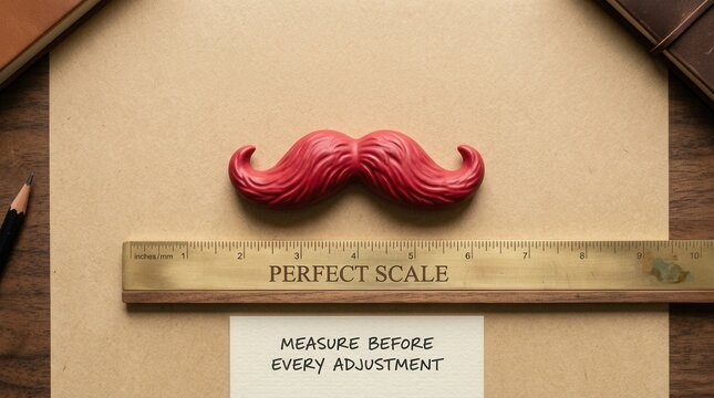 Vibrant red mustache model measured by a wooden ruler featuring a motivational note about precise adjustments. Ideal for grooming services and conceptual barbershop branding projects so professionally