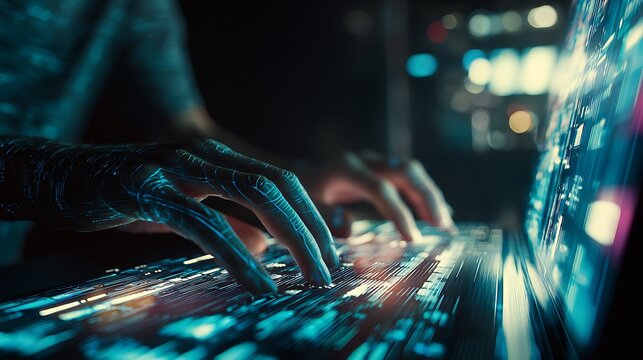 futuristic software engineer typing in virtual environment, glowing digital interface