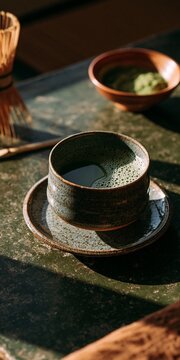 陰影が美しい古窯変の器に注がれた濃厚な抹茶と抹茶粉末のシックな静物写真
