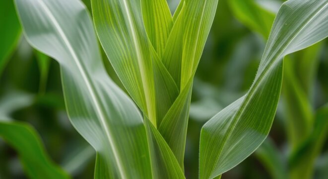 Vibrant green corn leaves showing growth and texture in a field