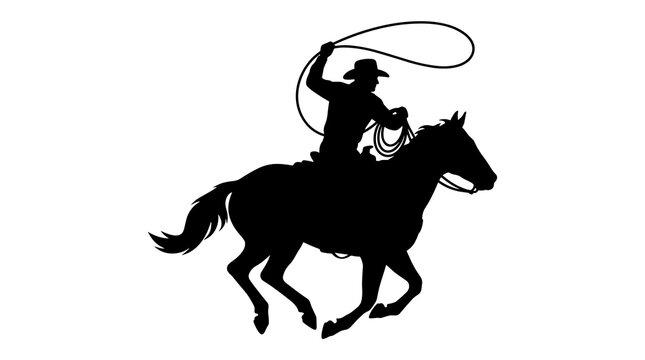 Silhouette of a cowboy on horseback swinging a lasso against a white background