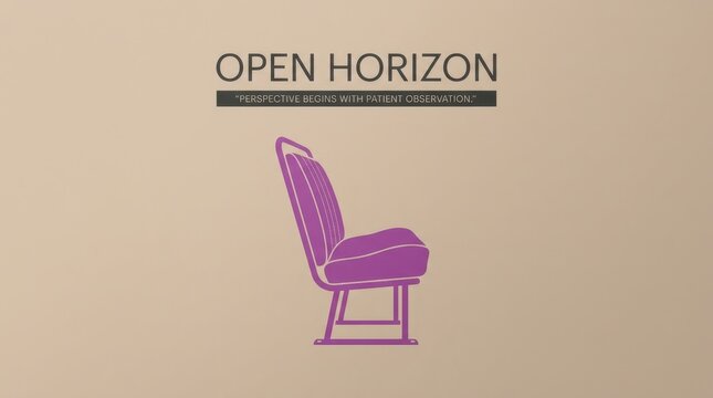 Minimalist purple bus seat graphic on beige background featuring inspirational text open horizon perspective begins with patient observation for motivational poster design or conceptual art project.