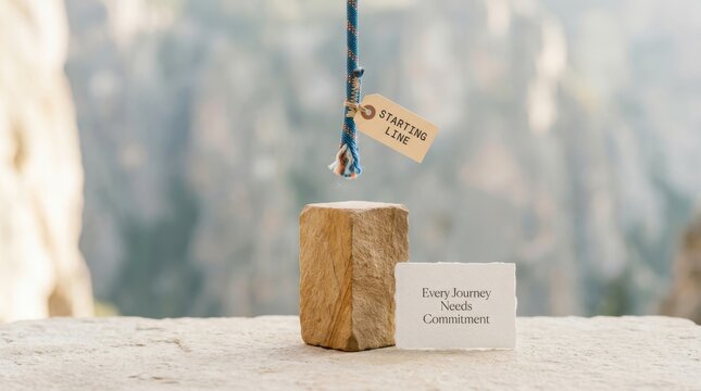 Motivational starting line tag on climbing rope with every journey needs commitment quote card placed next to stone block outdoors against a blurred mountain background ideal for success and business.
