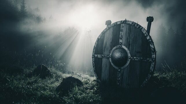 Ancient Battlefield at Dawn With Mist, Sunbeam Lighting Weathered Shield on Ground, Epic Historical Scene