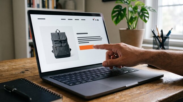 Person browsing online store on laptop and clicking to buy a backpack product page